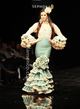 Avcı yeşili Fildişi Mermaid Balo Durum Elbise Moda Flamenk Ruffles Katmanlı Etek Uzun Kollu Dans Abiye giyim