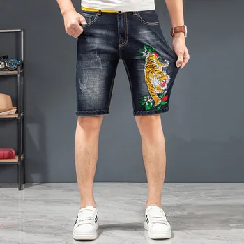 Avrupa istasyonu kot şort erkek delik düz yaz ince ince streç pantolon kaplan hayvan nakış desen pantolon pantolon
