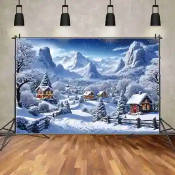 ay.QG Zemin Noel Köyü Photozone Arka Plan Ahşap Ev Kış Dekorasyon Kar Dağ Yolu Photocall Çekim Sahne