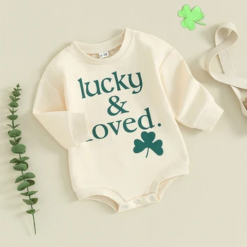 Aziz Patrick Günü Bebek Kız Erkek Kıyafet Uzun Kollu Yeşil Dört Yapraklı Yonca Romper Sevimli Yonca Giysileri