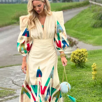 Baskılı Kontrast Pilili takım kıyafet Kadınlar Uzun Puf Kollu V Yaka Üst Yüksek Bel Etek Kadın 2024 Yeni Bahar Sonbahar Bayan Takım Elbise