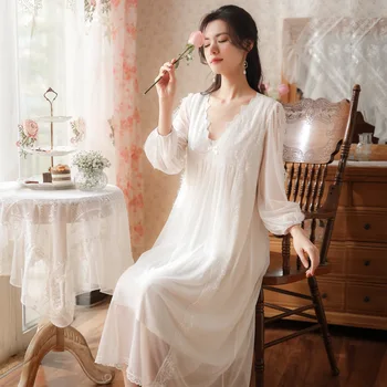 Bayan Uzun Kollu Elbise Pamuk Kadın Dantel Prenses Retro Gecelik Katı Kadın Bahar Sonbahar Yeni Gevşek Rahat Pijama