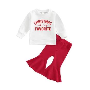 Bebek Kız 2 Adet noel kıyafeti Uzun Kollu Noel Baba Ağacı Baskı Kazak Tops Alevlendi Pantolon Setleri Noel Kazak Çan