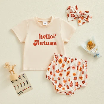 Bebek Kız şort takımı Kısa Kollu Mektuplar Baskı T-shirt Çiçek Baskı Şort ve Hairband Yaz Kıyafeti