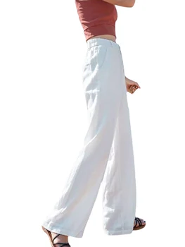 Beixinder Kadınlar Geniş Bacak Rahat pantolon Düz Renk Gevşek Elastik Yüksek Bel Düğme Aşağı Düz Uzun Pantolon Cep