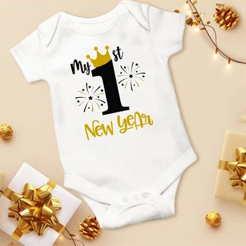 Benim 1st Yeni Yıl Baskı Yenidoğan Bebek Tulum Kısa Kollu Bebek Tulum Bebek Bodysuit Erkek Kız Yeni Yıl Ropa Giysileri Bodysuits