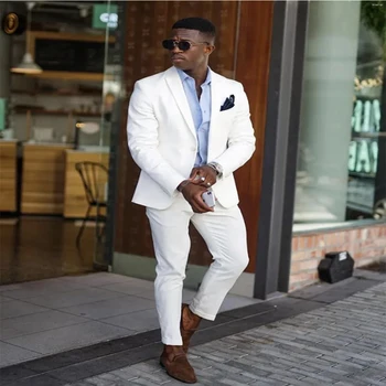 Beyaz Resmi Erkek Takım Elbise Klasik Fit 2 Parça İnce Set Blazer Pantolon Damat Düğün Tuexdo Balo Takım Elbise erkek Moda Giyim