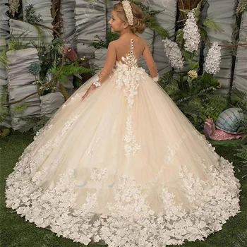 Beyaz tüllü çiçekli kız elbisesi Çiçek Dantel Aplike Çocuk Düğün Törenlerinde Yeni Çocuk Giysileri Prenses İlk Communion Elbise