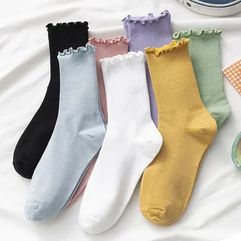 Beyaz çoraplar Kadın Kawaii Sevimli Fırfırlı Fırfır Çorap Pamuk Japon Moda Mor Kadın Mürettebat Çorap Kadın calcetines de la mujer