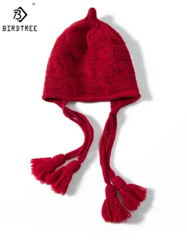 Birdtree Saf Kaşmir Sonbahar Kış örgü şapkalar Kadın Tiki Tarzı kulak koruyucu şapka Moda Basit Kalınlaşmak Sıcak Kap A3N409QM
