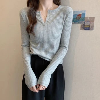 Biyaby V Yaka Uzun Kollu tişört Kadın İlkbahar Sonbahar Kore İnce Kısa Üstleri Kadın 2023 Rahat Tüm Maç Gri Dip Gömlek