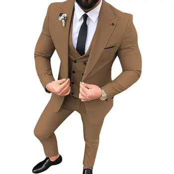 Blazers erkek Moda Ziyafet İnce 3 Parça Takım Elbise Seti / Erkek İş Düz Renk Ceket Pantolon Pantolon Kruvaze Yelek Ceket