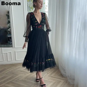 Booma Siyah Tül Kısa balo kıyafetleri V Boyun A-Line Aplikler kadın Abiye Çiçekler Uzun Kollu Örgün Durum elbise