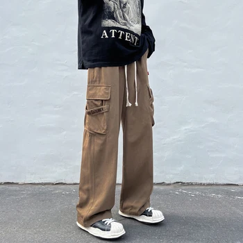 Büyük Cepler Casual Kargo Pantolon erkek Vintage Hip-Hop Pantolon Moda Gevşek Düz Geniş Bacak Pantolon Erkekler Streetwear Pantolon F143