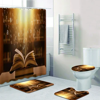 Büyülü Sihirli Kitaplar Banyo Duş Perdesi ve Banyo Halıları Seti Banyo Tuvalet Ev Dekor Kütüphane Kitaplık Banyo Perdesi