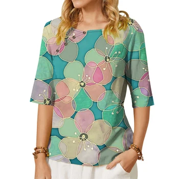 CLOOCL Kadın T-shirt Renkli Çiçekler 3D Baskılı Tees Düğme Süslemeleri Gevşek Orta Kollu Tees Kadın moda üst giyim