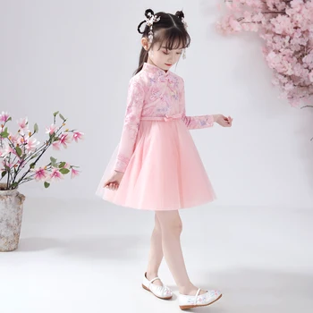 Dantel Yeni Yıl Elbise Nakış Çiçek Kız Elbise Çocuklar Çin Cheongsam Bebek Zarif Geleneksel Çin Qipao Vestido Chino