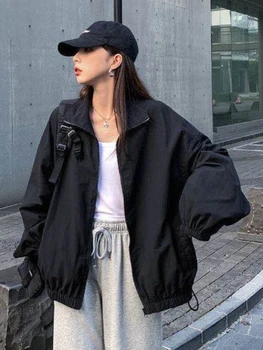 Deeptown Harajuku Fermuarlı Kargo Ceket Kadınlar Vintage BF Rahat Uzun Kollu Palto Büyük Boy Standı Yaka kolej ceketi Streetwear