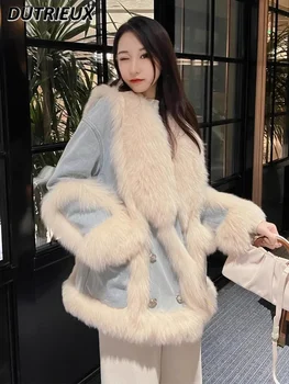Denim Faux Kürk Ekleme Ceket kadın Çevre Koruma Taklit Tilki Kürk Kış Batı Tarzı High-End Orta Uzunlukta Elbise