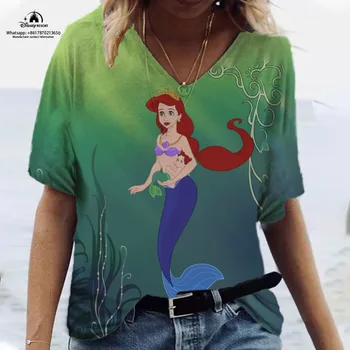 Disney marka Ariel mermaid animasyon baskı 2023 yaz yeni sokak çekim plaj partisi bayanlar üst kısa kollu tişört