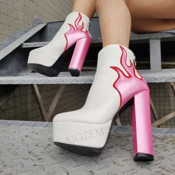 DOHBANER SÜPER Kadın Ayak Bileği Çizmeler Patchwork Geri Zip Platfrom Kalın Blok Topuklu Bayanlar Ayakkabı Unisex Büyük Boy 45 52