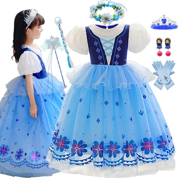 Dondurulmuş Prenses Anna Elbise Kızlar İçin Elsa Ve Anna Cosplay Kostüm Cadılar Bayramı Karnaval Sahne Performansı Kıyafetler Çocuk Zarif Elbise