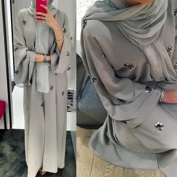 Dubai Lüks Açık Abayas Boncuk Müslüman Kadınlar Maxi Elbise İslam Ramazan Bayram Kaftan Türk Fas Mütevazı Hırka Jilbab