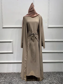 Dubai Türk Katı Elmas Başörtüsü Müslüman Kadınlar Set Açık Kimono Abaya Şal Ve Elbise Eşarp Jalabiya Fas Körfez Arap Elbise