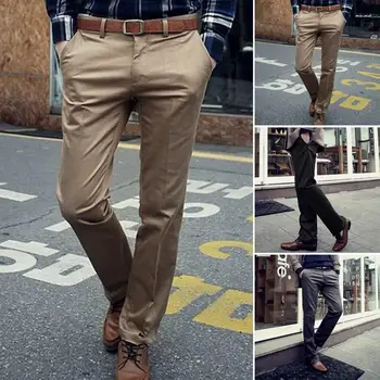 Düz Renk Pantolon Şık erkek Slim Fit İş Pantolonu Nefes Yumuşak Orta Bel cepli pantolon Düğme fermuar Kapatma