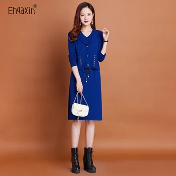 EHQAXIN Bayan örme elbise Seti Moda 2023 Sonbahar Kış Düğme Hırka Kapşonlu Yelek Ceket + V Yaka Dantel-Up Kazak Elbise Seti M-2XL