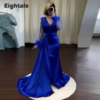 Eightale Kraliyet Mavi Akşam Elbise Düğün Parti için V Yaka Saten Boncuklu Uzun Kollu Arapça Dubai Balo Abiye Tüy Ünlü