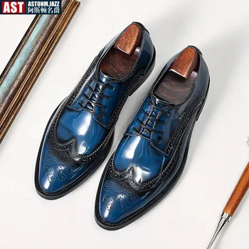 El yapımı Erkek Düğün Brogues Ayakkabı Siyah Mavi Hakiki Deri erkek Elbise Ayakkabı üzerinde Kayma İş Resmi Ayakkabı Erkekler için
