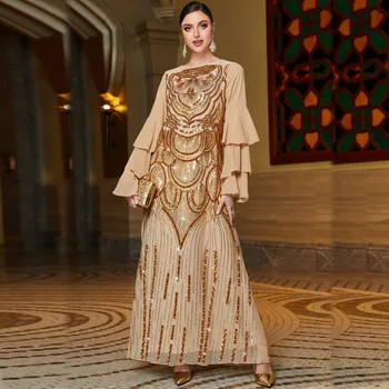 Elbise Altın Çok Katmanlı Fırfır Kollu Konumlandırma Pullu Nakış Elbise Pakistanlı Şalvar