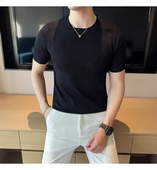 En Kaliteli Örme Esneklik T Shirt Erkek O-Boyun Kısa Kollu Casual Slim Fit Kazak Tees Tops Sosyal kulüp T-Shirt S-3XL