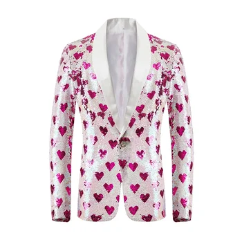 Erkek Aşk Kalp Sequins Blazer Takım Elbise Ceket Erkekler Moda Düğün Damat Smokin Blazers Erkekler Parti Yemeği Sahne Şarkıcı Kostüm Homme