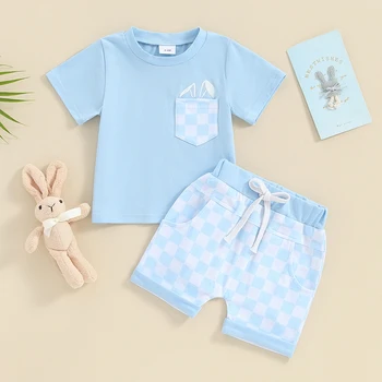 Erkek bebek yaz giysileri Seti Dama Tahtası Kısa Kollu Paskalya Baskı T Shirt Ekose Şort Yürüyor Bebek Kıyafet