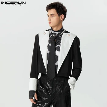 Erkek Blazer Patchwork Yaka Uzun Kollu Açık Dikiş Rahat Takım Elbise Erkek Streetwear 2023 Moda Eğlence Mahsul Mont S-5XL INCERUN