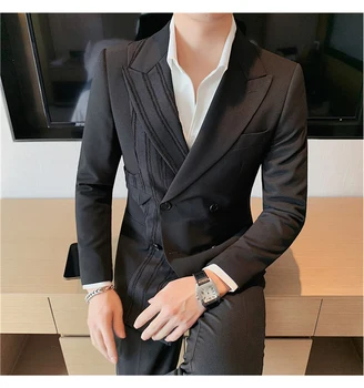 Erkek Slim Fit Kruvaze Takım Elbise Ceket Çizgili Patchwork, Rahat takım elbise Ceket Çift Delikli