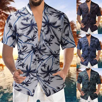 Erkek Yaz Moda Gömlek Eğlence Sahil Plaj Kısa Kollu Baskılı Gömlek Casual Üst Bluz Çiçek Hırka Bluzlar