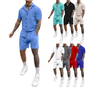 Erkekler Düğme Kısa Kollu Gömlek Seti Erkek Beyaz Mavi Yaz Rahat şort takımı Artı Boyutu Erkek Seti POLO GÖMLEK 2 parça Set Kıyafetler