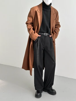 Erkekler Uzun Pamuklu Ceket 2023 Sonbahar Kış Yeni Yün Karışımı Saf Renk Rahat İş Moda İnce Rüzgarlık Ceket Erkekler H113