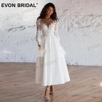 EVON Moda Uzun Kollu A-Line Kısa Gelinlik 2024 Aplikler Düğme Çay Boyu Klasik gelin kıyafeti Vestido De Novia