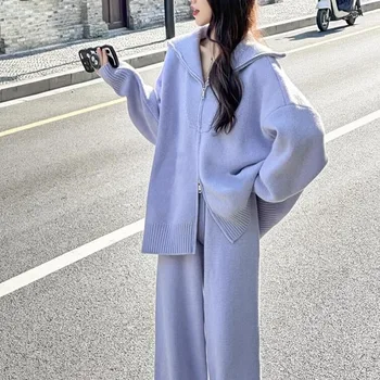 Eğlence Moda Ev Takım Elbise Kore Tembel Tarzı Kazak Pantolon kadın İlkbahar Sonbahar Gevşek Geniş Bacak Uzun Pantolon Örme İki parçalı Set