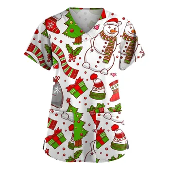 Fantezi Çalışma Bluz Gömlek Kadın Moda Merry Christmas Baskı Kısa Kollu V Yaka Üstleri Scrubs Kostüm