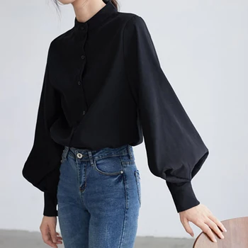 Fener Kollu Kadın Siyah Gömlek Kore Retro Rahat Gevşek Uzun Kollu Üstleri Y2K Moda Tüm Maç Ofis Bayan Bluz