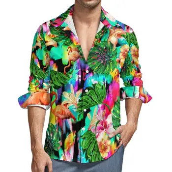 Flamingo Baskı Gömlek Tropikal Yapraklar Casual Gömlek Uzun Kollu Tasarım Estetik Bluzlar Bahar Moda Büyük Boy Giyim
