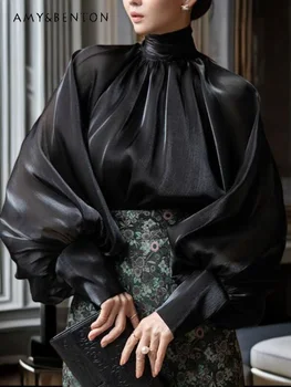 Fransız Nazik Zarif Bluz Kadın İlkbahar Sonbahar Yeni Moda Şerit Bowk Gömlek Yüksek Anlamda Organze Fener Kollu Bayan Üstleri