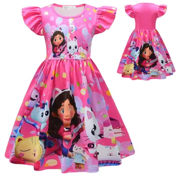 Gabbys Dollhouse Kız Elbise Karikatür Yaz Moda çocuk Prenses elbise Bebek Kız Toddler Kısa Kollu Sevimli Parti Elbiseler