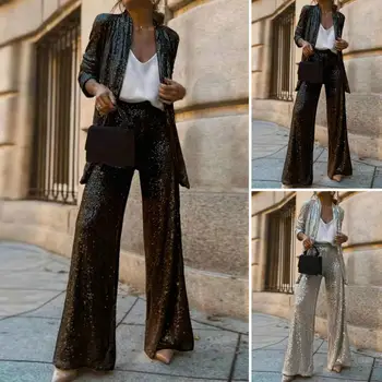 Geniş Bacak Pullu Pantolon Pullu Resmi Gidip Tarzı Hırka Ceket Yüksek Bel Geniş Bacak Pantolon Kadınlar için Parlak Düz Renk Uzun