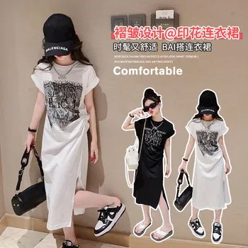 Genç Kızlar Yaz Yarık T Shirt Elbise Yeni Kore Versiyonu Uzun Etek Moda Çocuklar Siyah Beyaz Pilili Elbise 11 12 13 14 yıl